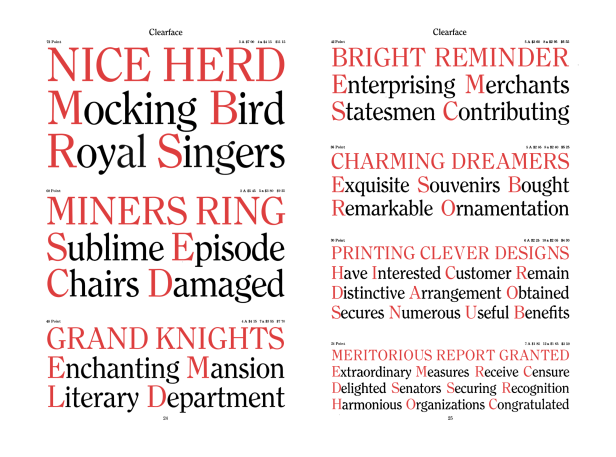 Redrawn uppercase letters of Clearface regular weight superimposed over the original specimen book pages